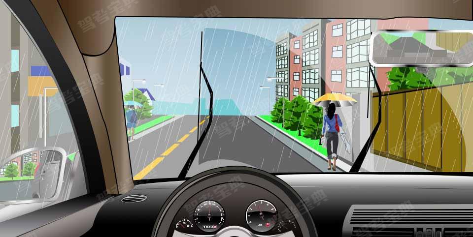 如图所示，驾驶机动车在暴雨天气条件下行驶，当刮水器无法刮净雨水影响行车安全时，以下做法正确的是什么？
