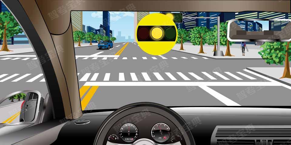 如图所示，驾驶机动车在路口遇黄灯亮时，应停车等待。
