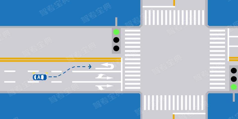 如图所示，A车在此时进入左侧车道是因为进入实线区后不得变更车道。