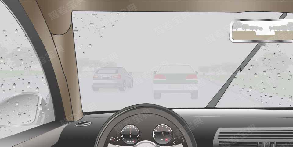 在这种雨天跟车行驶使用灯光，以下正确的说法是？