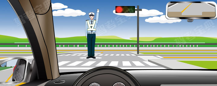 交通警察发出的是禁止通行信号。