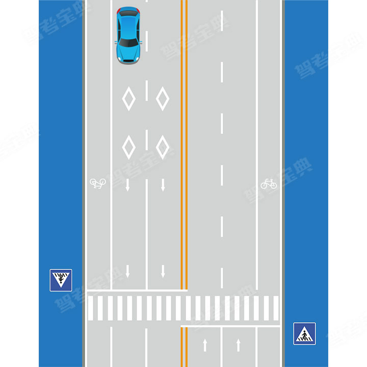 路面上菱形标识预告前方道路设置人行横道。