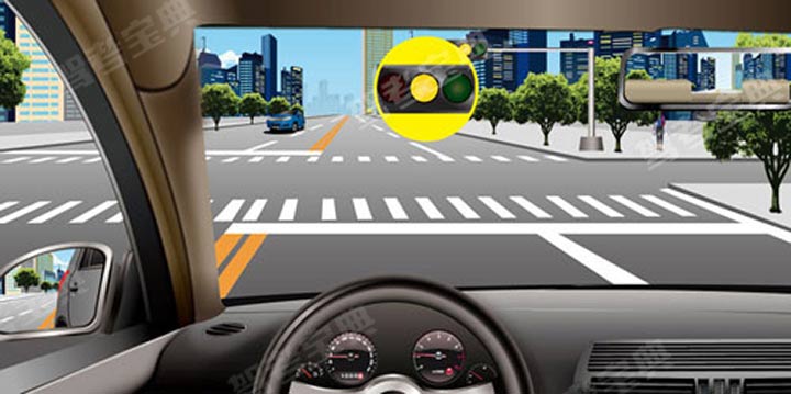 如图所示，驾驶机动车在路口遇黄灯亮时，应停车等待。